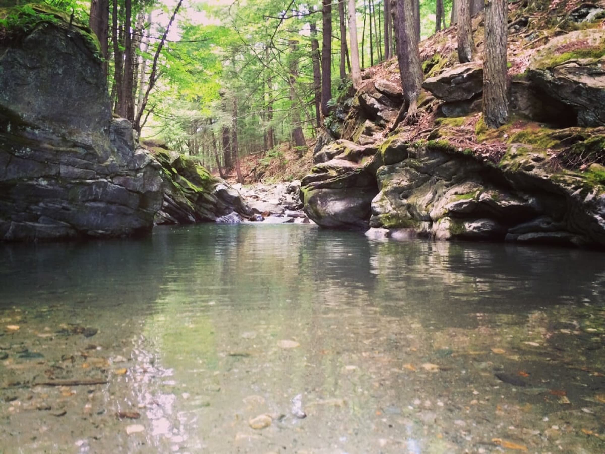 Low water-level view across a calm pool toward a small chute and mossy rock walls at Twenty-Foot Hole.