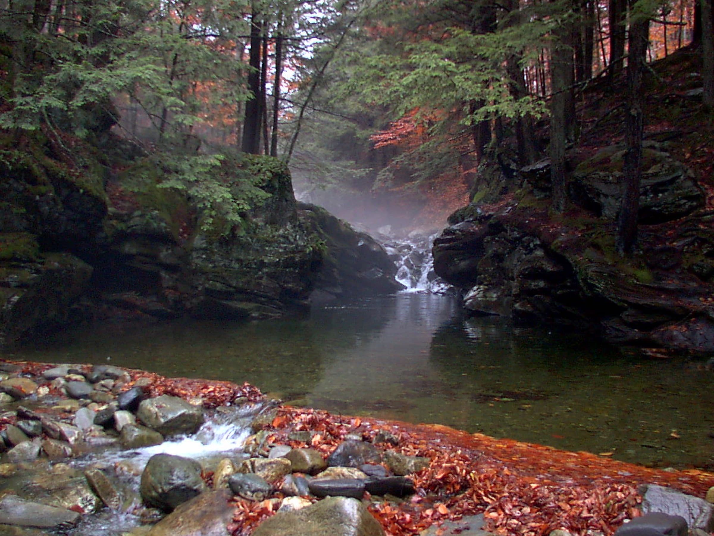 Autumn view of a calm pool and small falls at Twenty-Foot Hole with mist in the gorge.