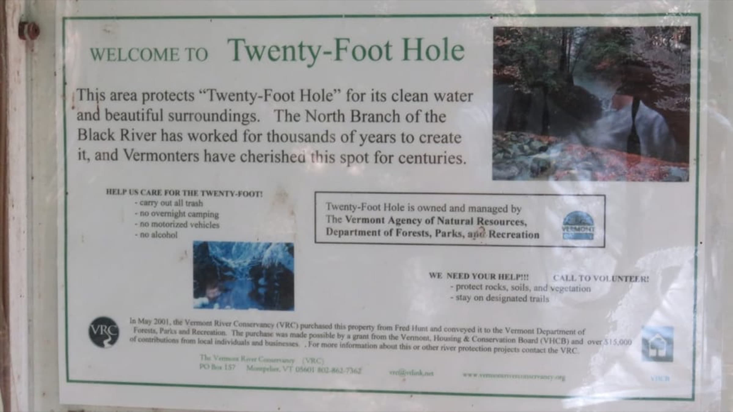 Welcome sign at the Twenty-Foot Hole natural area in Reading, Vermont.