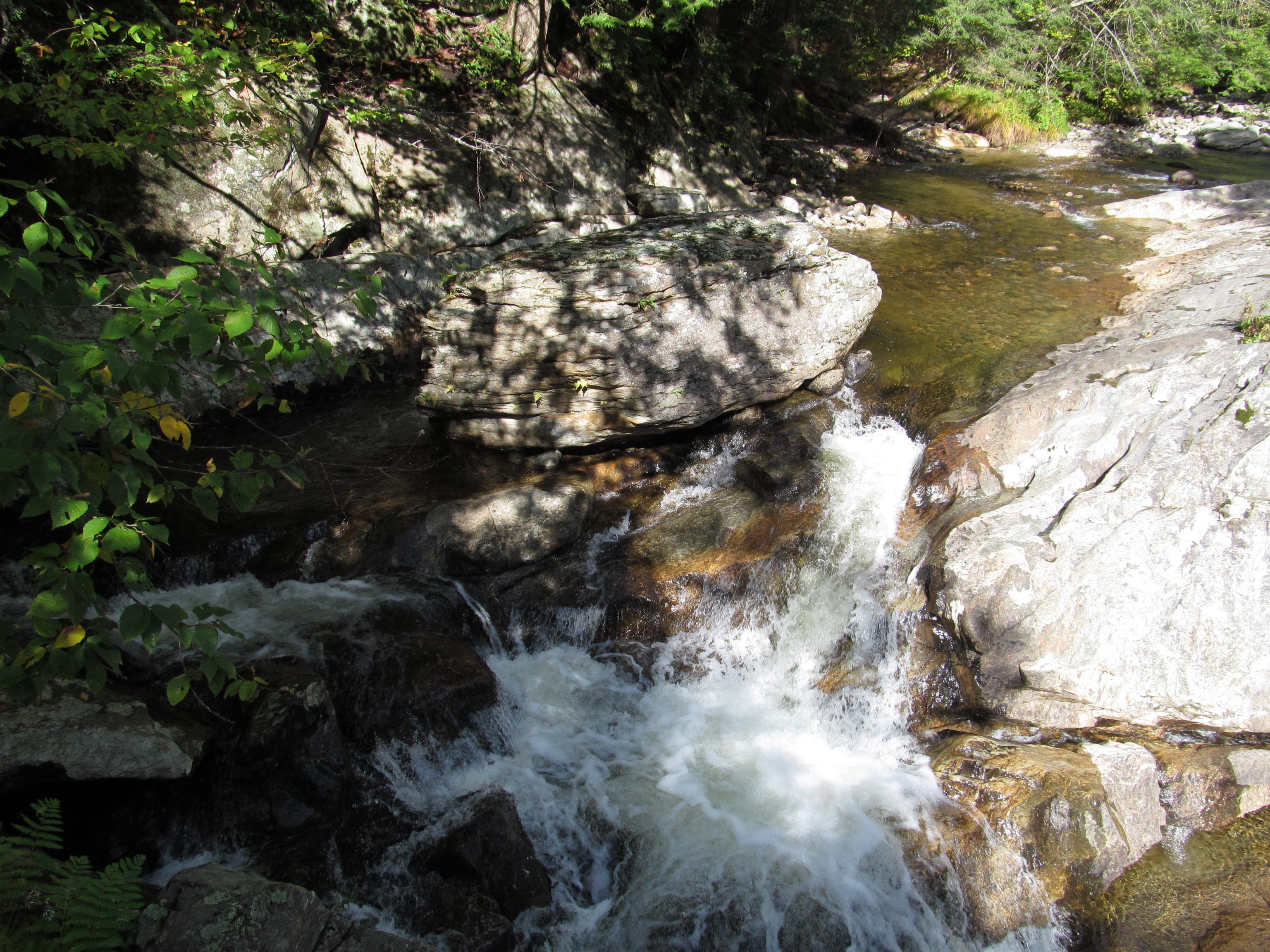 Sunlit cascade over rocks and a flat boulder in a narrow forested stream at Buttermilk Falls, Ludlow, Vermont.