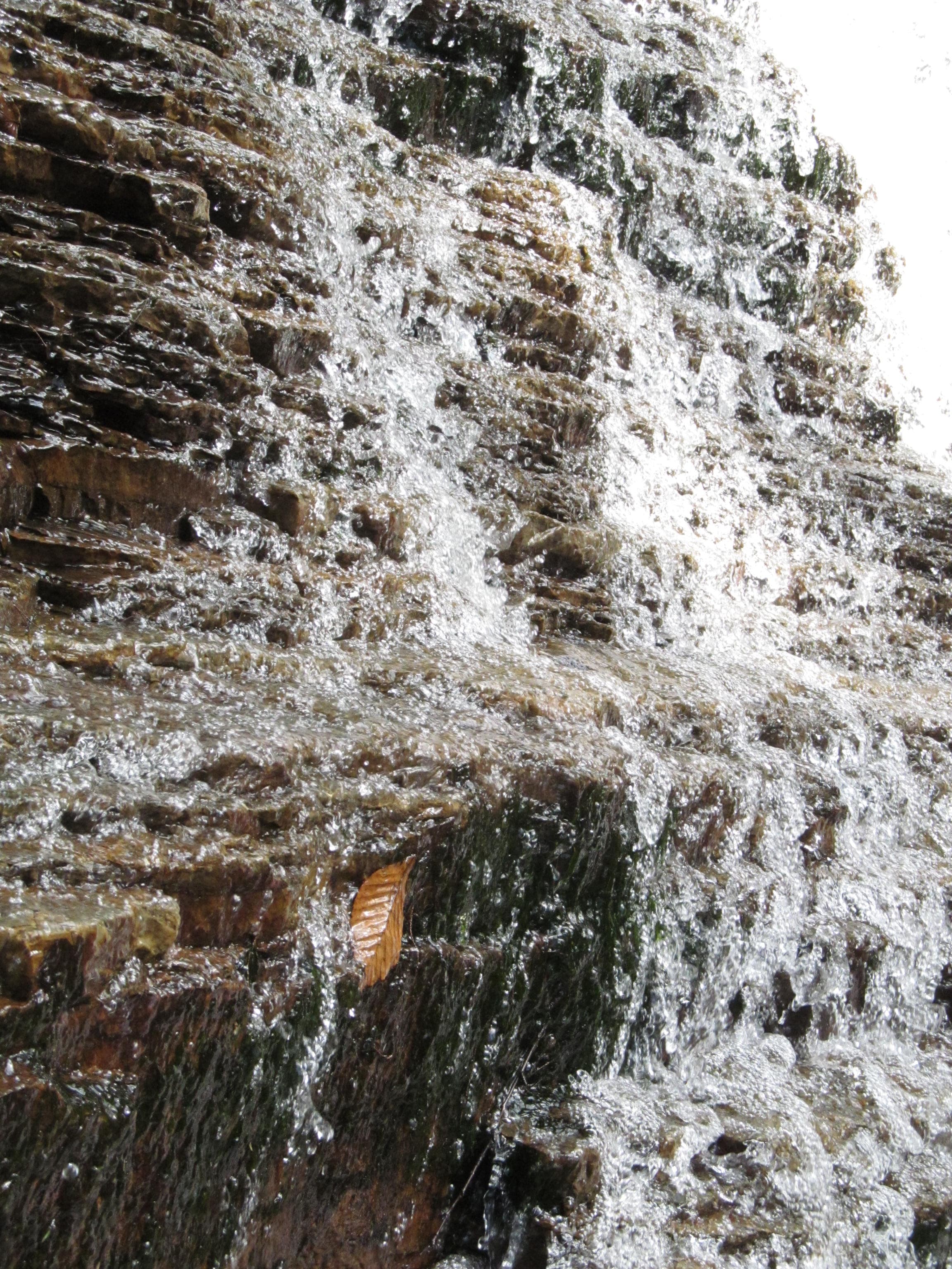 Winter ice and frozen seep detail on the rock face at Lye Brook Falls near Manchester, Vermont.